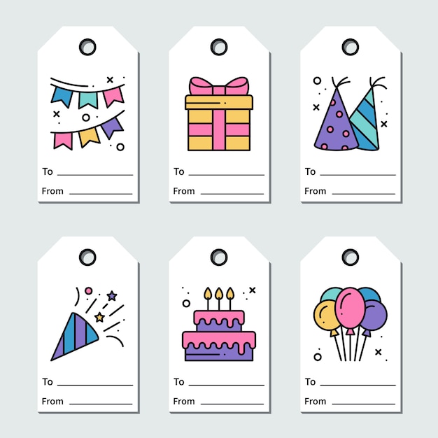 Vecteur conception de balises d'anniversaire sur fond blanc. collection de cartes de voeux de fête dans le style de ligne. ensemble mignon pour anniversaire ou anniversaire.