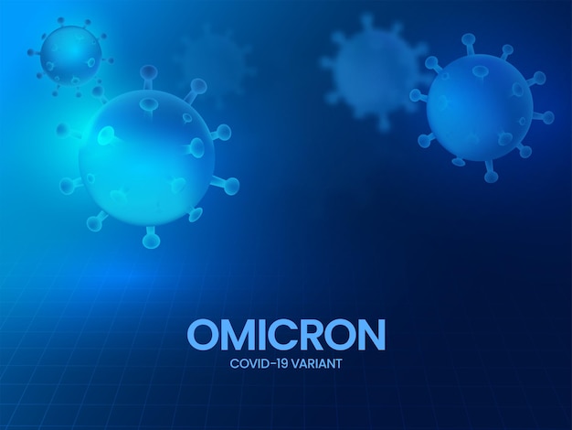 Conception de bannière ou d'affiche de variante Omicron Covid-19 avec une structure de virus brillante sur fond de grille bleue.