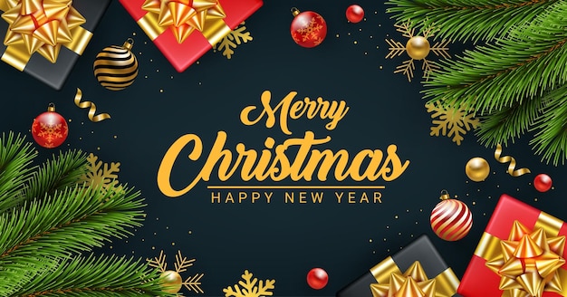 Conception de bannière de décoration réaliste joyeux noël et bonne année moderne