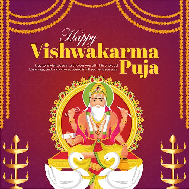 Conception de bannière du dieu hindou heureux Vishwakarma puja, architecte et ingénieur divin de l'univers