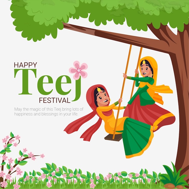 Conception de bannière du modèle de style de dessin animé du festival indien Happy hariyali teej