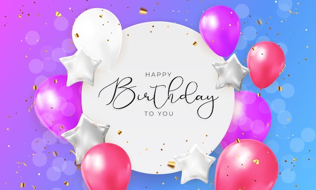 Conception de bannière de félicitations de joyeux anniversaire avec des ballons de confettis et un ruban brillant de paillettes