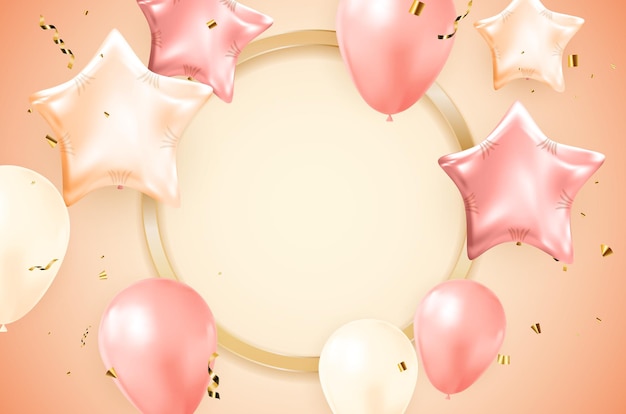 Vecteur conception de bannière de félicitations de joyeux anniversaire avec des confettis, des ballons et un ruban brillant de paillettes pour le fond de vacances de partie. illustration vectorielle eps10