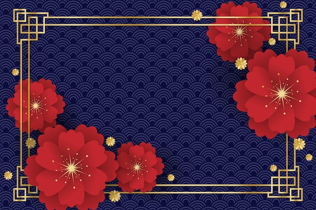 Conception De Bannière De Festival Du Nouvel An Chinois Avec Des Fleurs Rouges Avec Cadre Doré Sur Fond Bleu Foncé