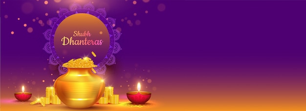 Vecteur conception de bannière de fond avec illustration de pot de pièces d'or et de lampes à huile illuminées (diya) pour le concept de célébration shubh (happy) dhanteras.