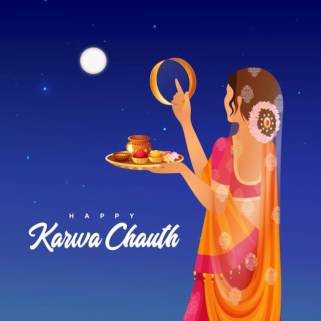 Conception De Bannière De Modèle De Style De Dessin Animé Heureux Karwa Chauth