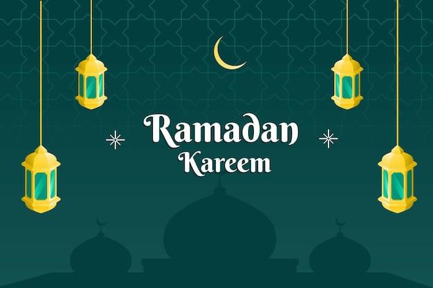 Conception De Bannière De Ramadan Kareem Avec Mosquée De Laterns Dorés Et Fond Vert