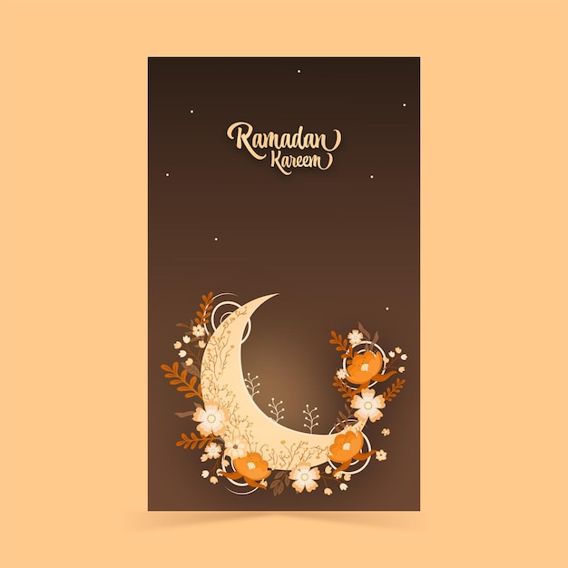 Conception de bannière verticale Ramadan Kareem et croissant de lune décoré par de belles fleurs sur fond marron