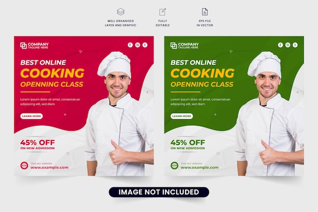 Conception de bannières Web promotionnelles de cours de cuisine spéciale pour le marketing numérique Vecteur de publication de médias sociaux de classe culinaire pour la formation en cuisine Conception d'affiche de cours de cuisine en ligne avec des couleurs jaunes et bleues