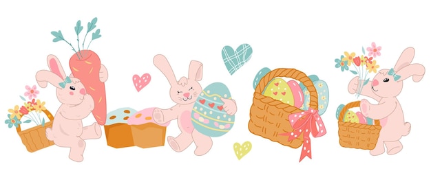 Vecteur conception de bordure ou de composition de pâques avec des personnages de lapins dans un vecteur plat kawaii