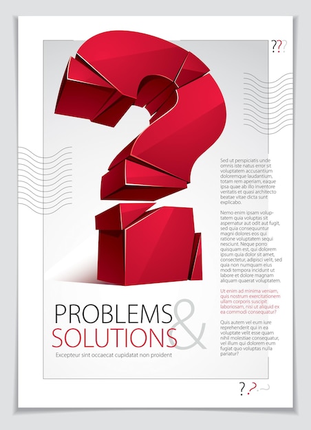 Conception d'une brochure ou d'un dépliant qui explose avec un point d'interrogation cassé, qu'une requête se brise en morceaux, illustration vectorielle 3d réaliste. Symbole conceptuel de caractère spécial, doute, difficulté, FAQ et concept de support.