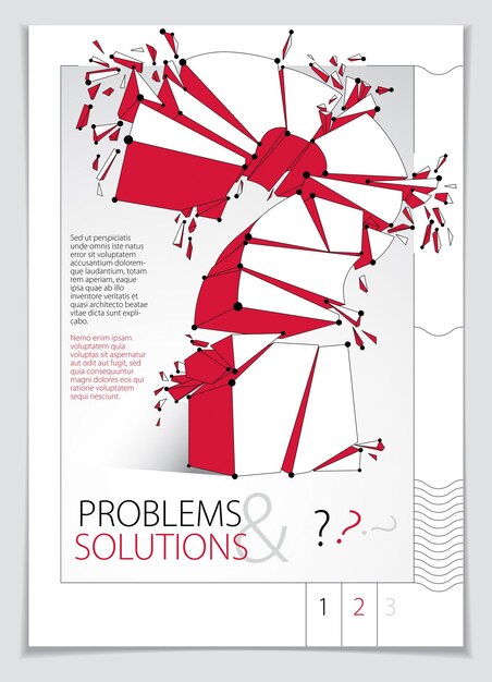 Conception d'une brochure ou d'un dépliant qui explose avec un point d'interrogation cassé, qu'une requête se brise en morceaux, illustration vectorielle 3d réaliste. Symbole conceptuel de caractère spécial, doute, difficulté, FAQ et concept de support.