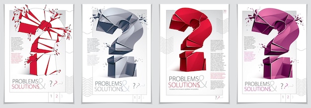 Conception d'une brochure ou d'un dépliant qui explose avec un point d'interrogation cassé, qu'une requête se brise en morceaux, illustration vectorielle 3d réaliste. Symbole conceptuel de caractère spécial, doute, difficulté, FAQ et concept de support.