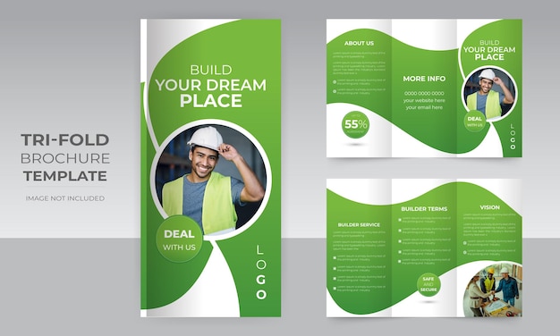 Vecteur conception de brochure d'entreprise de construction professionnelle à trois volets pour l'immobilier moderne et créatif