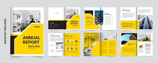 Vecteur conception de brochure de modèle de rapport annuel avec des formes de couleur jaune ou mise en page du rapport annuel