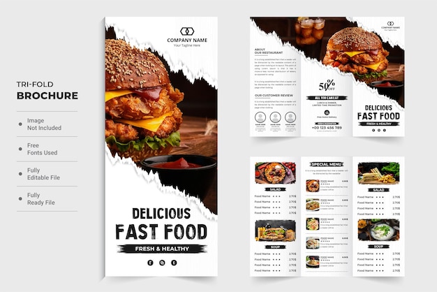 Conception de brochure à trois volets de menu de cuisine créative avec effet de pinceau sur fond blanc Affiche de menu de cuisine moderne et vecteur de mise en page de dépliant pour le marketing Modèle de brochure promotionnelle d'entreprise de restaurant