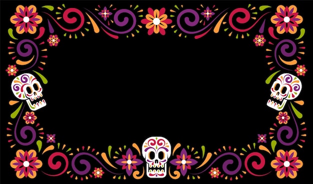 Conception de cadre de célébration de carnaval mexicain mort avec crâne de sucre. Dia de muertos Bordure de fleurs de vacances. Illustration vectorielle.