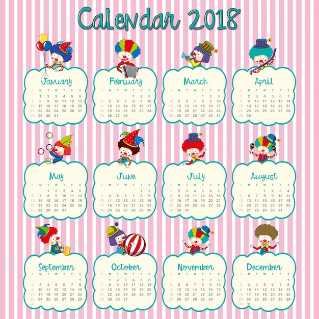 Conception De Calendrier 2018 Avec Des Clowns Heureux