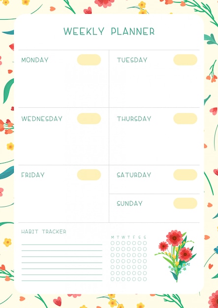 Conception De Calendrier Avec Des Fleurs Et Des Pétales Floraux. Horaire Hebdomadaire Et Suivi Des Habitudes Fleurs Sauvages