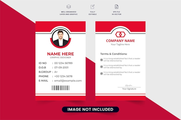 Conception de carte d'identité d'entreprise créative avec espace réservé photo pour le bureau ou les utilisations académiques Vecteur de modèle de carte d'identité avec couleur rouge Vecteur de carte d'identité d'employé ou d'étudiant pour entreprise