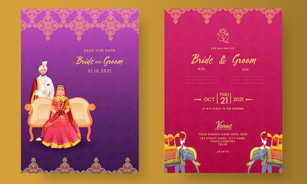 Conception De Carte D'invitation De Mariage Indien Avec Illustration De Marié Hindou En Couleur Violet Et Rose.