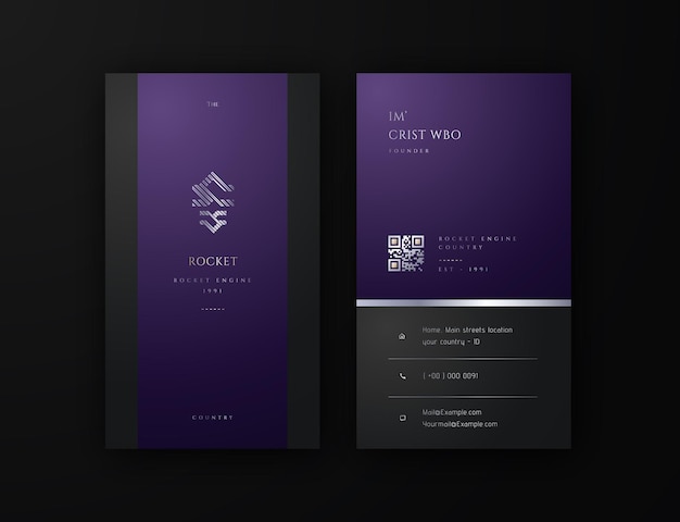 Conception de carte de visite verticale captivante en noir et violet avec code QR