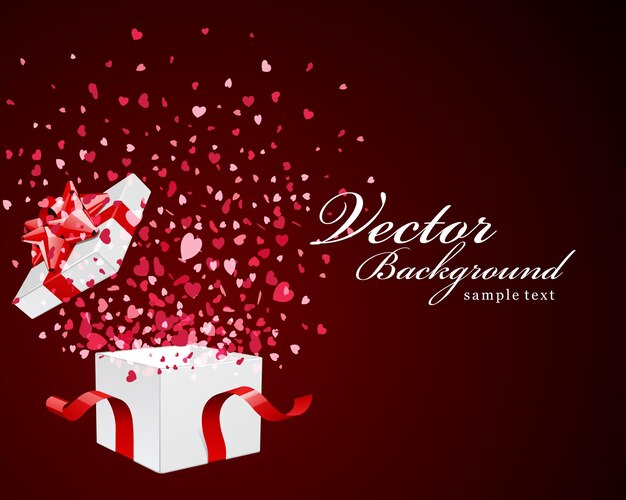 Vecteur conception de carte de voeux bonne saint-valentin et boîte-cadeau avec des confettis coeurs