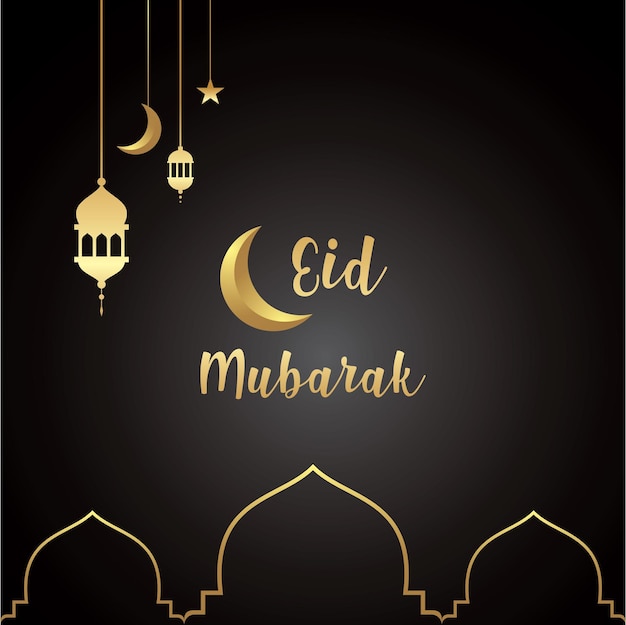 Conception De Carte De Voeux Islamique Eid Mubarak Avec Beau Croissant De Lune En Or Vecteur Premium