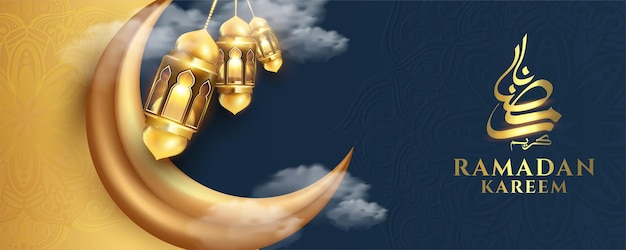 Conception de carte de voeux islamique ramadan kareem avec de belles lanternes et croissant de lune