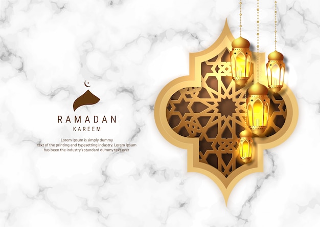 Vecteur conception de carte de voeux ramadan kareem. lanternes de ramadan suspendues dorées sur fond marbel. célébration islamique.