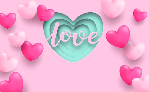 Conception De Cartes D'amour Conception Avec Coeur Rose Sur Vecteur De Fond Rose Et Vert Menthe