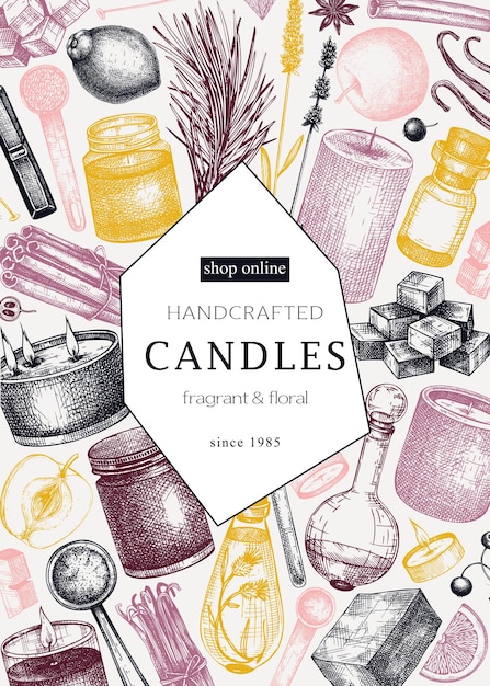 Vecteur conception de cartes ou de flyers de bougies parfumées matériaux aromatiques dessinés à la main et ingrédients naturels