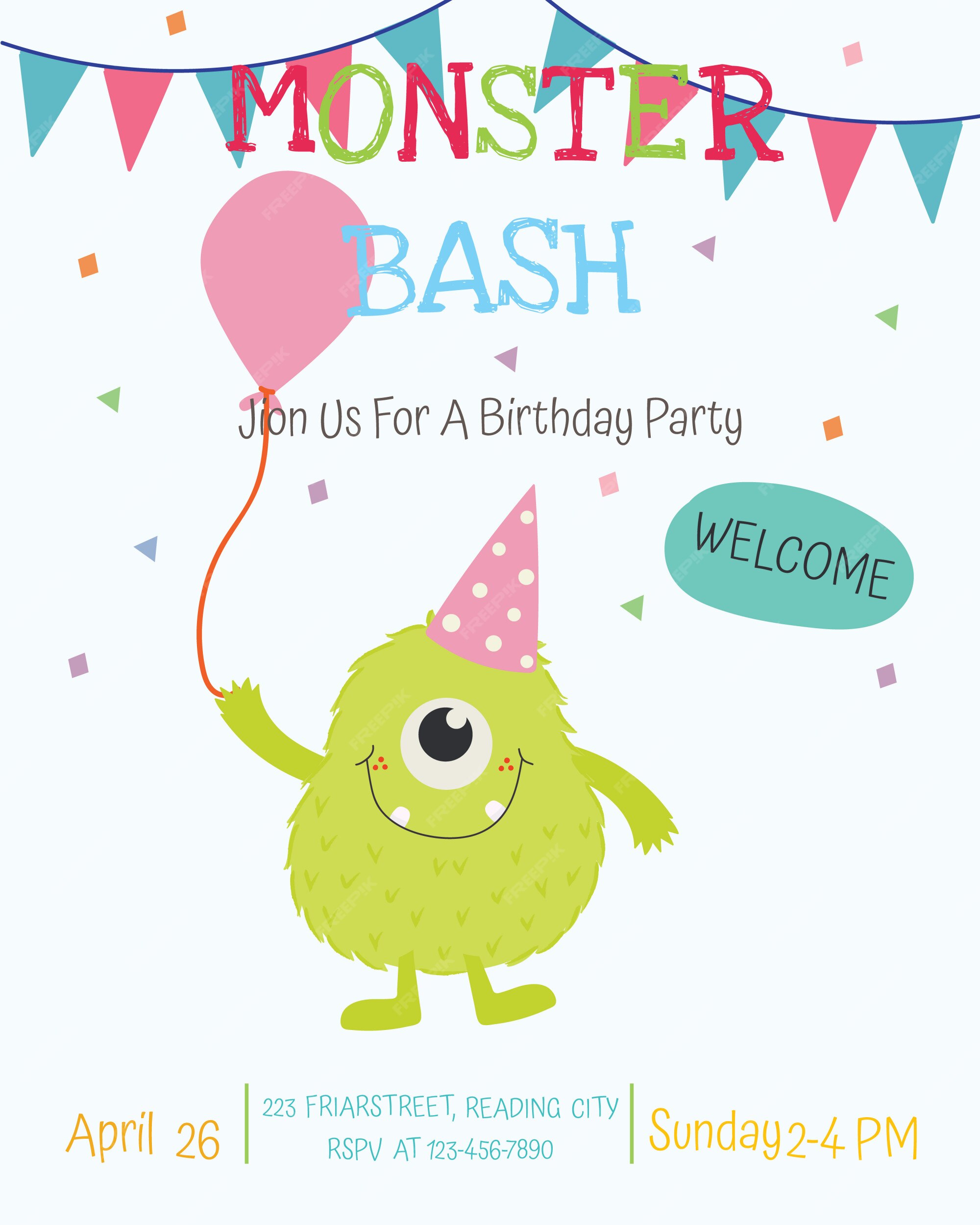 Conception De Cartes D Invitation Fete Joyeux Anniversaire Monstre Mignon Vecteur Vecteur Premium