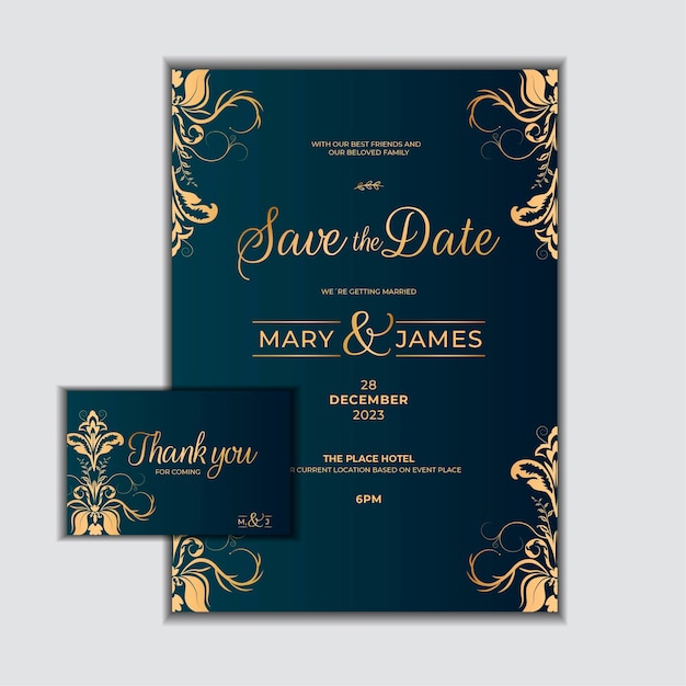 Conception De Cartes D'invitation De Mariage Floral Avec Des Pivoines Dorées Sur Une Invitation Bleu Foncé Merci