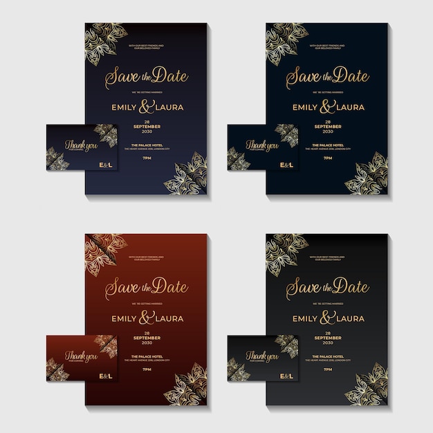 Conception de cartes d'invitation de mariage royal de luxe doré géométrique avec collection de jeux de bundles avec modèle de vecteur de carte flyer variations de couleur