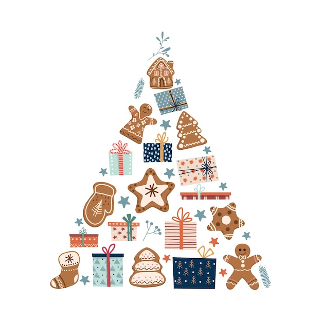 Conception de cartes de Noël et du Nouvel An Coffrets cadeaux et biscuits au pain d'épice en forme de pin
