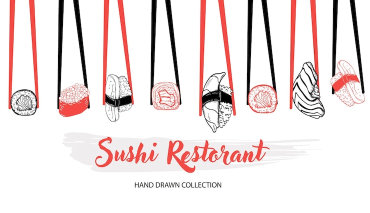 Vecteur conception de cartes vectorielles avec illustration de sushi dessinés à la main à l'encre