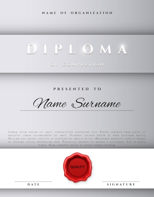 Vecteur conception de certificat de modèle en couleur argent. certificat de récompense dans un style plat. attribution de cadre de diplôme, avec cire à cacheter rouge. certificat de fond de frontière. modèle de certificat premium