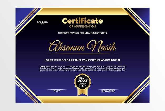 Conception de certificat plat or bleu