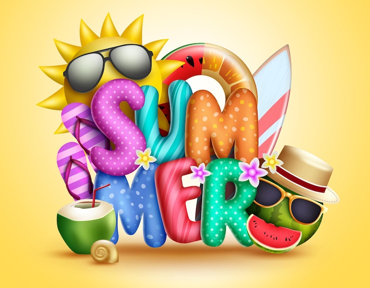 Vecteur conception de concept de vecteur 3d d'été texte 3d d'été avec caractère de fruits du soleil