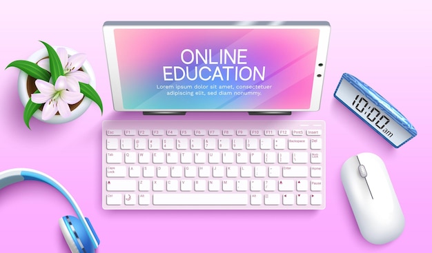 Conception de concept de vecteur d'éducation virtuelle Texte d'éducation en ligne avec clavier d'ordinateur portable et casque