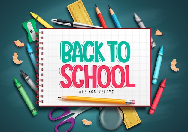 Conception de concept de vecteur de retour à l'école Texte de retour à l'école dans un cahier avec des crayons et un crayon