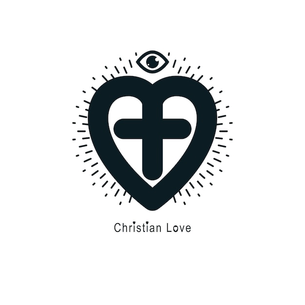 Conception conceptuelle du logo God Christian Love combinée à la croix chrétienne et au coeur, symbole créatif vectoriel.