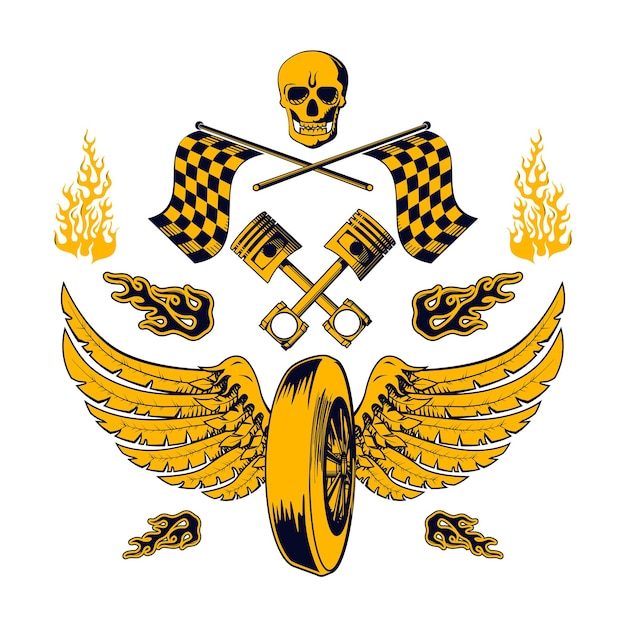 Conception de course avec des drapeaux de crâne, des pistons, des ailes, des pneus et des flammes