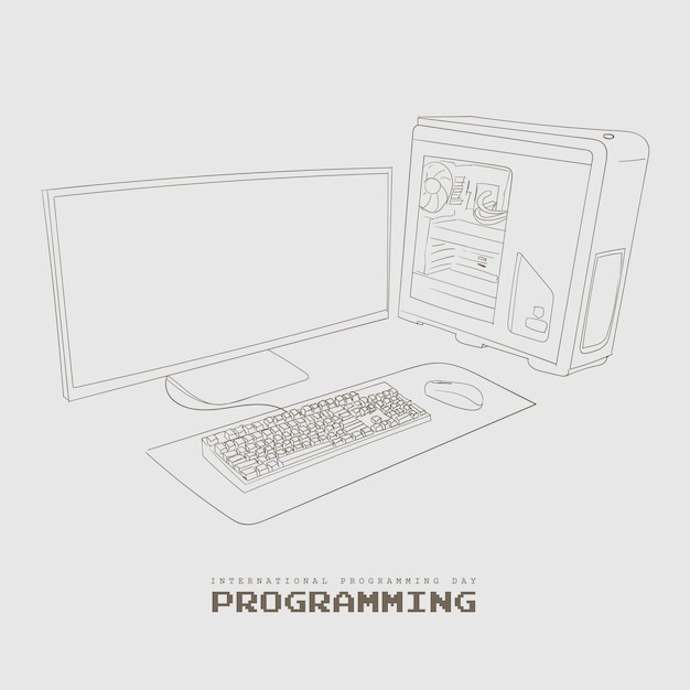 Conception dessinée à la main d'ordinateur de bureau pour le modèle de journée informatique ou de journée de programmation