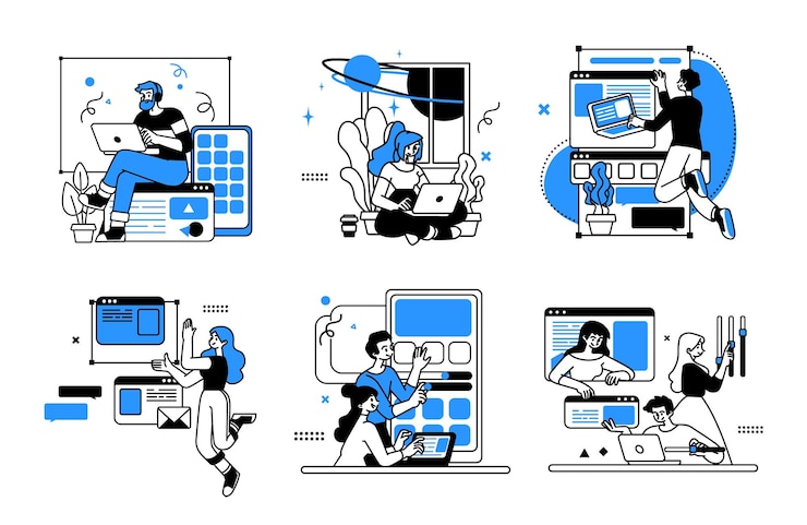 Vecteur conception développement et programmation d'illustrations technologiques collection de scènes au bureau