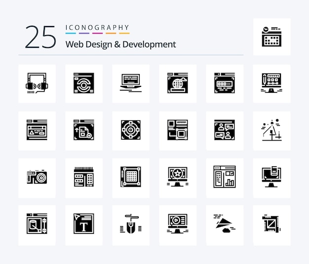 Conception et développement Web 25 pack d'icônes Solid Glyph, y compris la conception du navigateur d'actualisation Internet