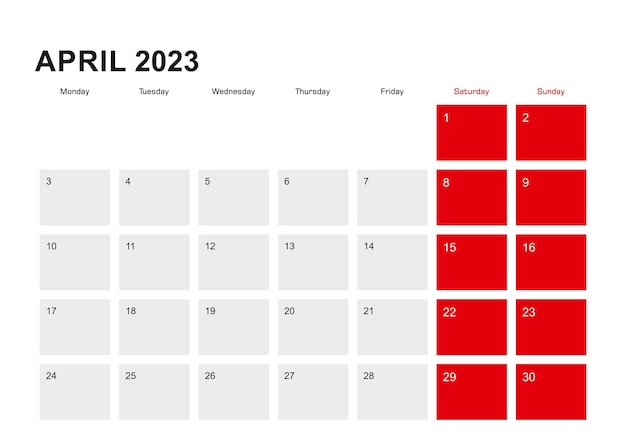 Vecteur conception du calendrier du planificateur d'avril 2023 la semaine commence à partir du lundi