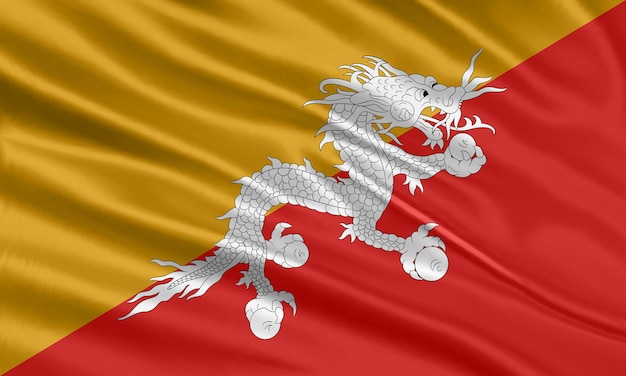 Conception du drapeau du Bhoutan. Agitant le drapeau du Bhoutan en tissu de satin ou de soie. Illustration vectorielle.
