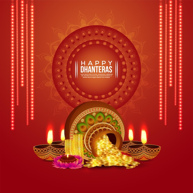 Conception du festival de célébration de dhanteras avec pot de pièces d'or et diya
